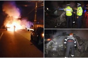 Doi polițiști și un jandarm blocați în mașina în flăcări, lovită de o șoferiță de 18 ani, la Câmpulung Muscel (video)