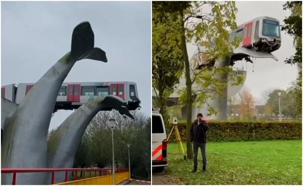 Metrou rămas suspendat pe o sculptură olandeză, după ce a spart bariera la capătul de linie [VIDEO]