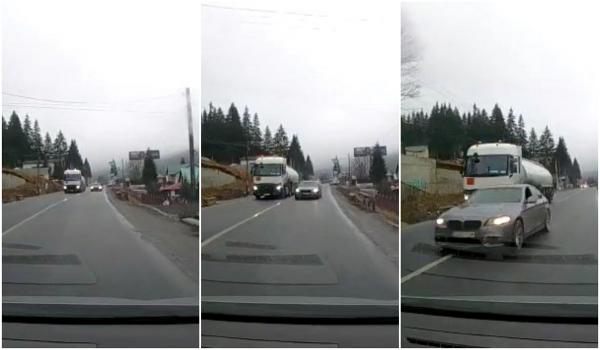 Şoferul unui BMW filmat cum depăşeşte dezastruos pe linie continuă, instinct salvator al unui şofer care mergea spre Sinaia