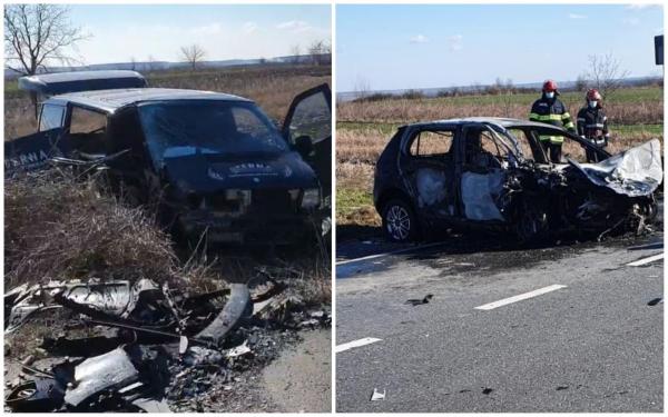 Accident cu mașina mortuară, lângă Osica de Sus, în Olt. Coșciugul a fost aruncat pe câmp după impact, cealaltă mașină a luat foc