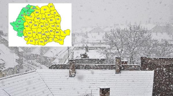 Alertă meteo de ploi, ninsori şi strat consistent de zăpadă, emisă de ANM. Cod galben în trei sferturi din ţară