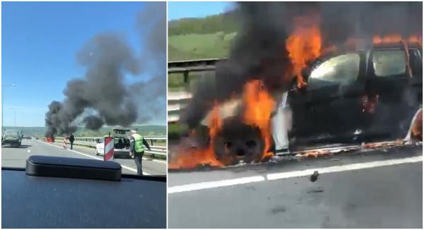 BMW X3 făcut scrum pe autostradă, lângă Aiud. Martorii acuză intervenţia târzie a pompierilor