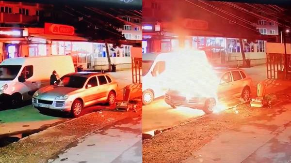 Momentul în care un Porsche Cayenne din Beclean este incendiat în stil mafiot