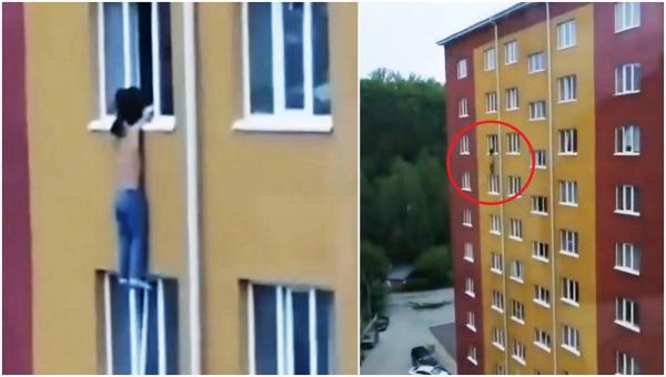 O femeie şi-a salvat iubitul agăţat de pervazul ferestrei, la etajul 8, ținându-l de mâini până la sosirea salvatorilor, în Rusia