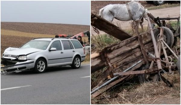 O șoferiță de 23 de ani a spulberat o căruță care se deplasa, ilegal, pe marginea unui drum din Teleorman