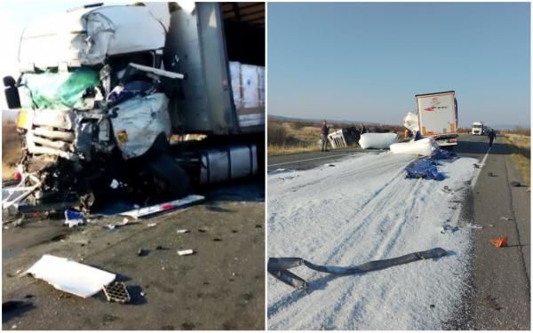Imagini filmate la scurt timp după accidentul cu 4 TIR-uri de pe centura orașului Caransebeș. Un șofer a murit