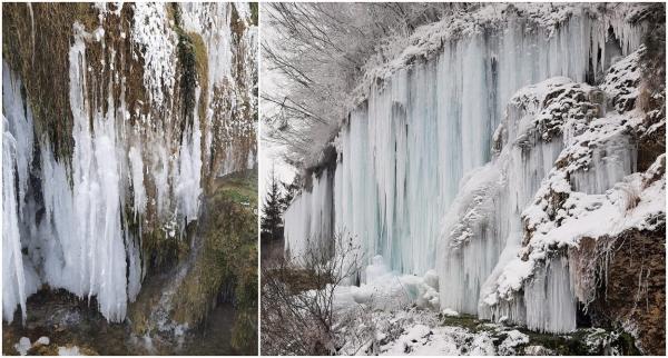 A înghețat cascada din Toplița. Singura cădere de apă termală din România s-a transformat într-o perdea de gheaţă