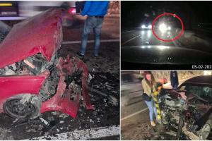 Accident cumplit filmat în Buzău, pe drumul morții - E85. Impact frontal violent, după o depăşire în curbă, lângă Nehoiu