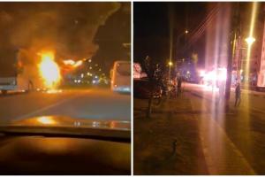 Un autobuz cu pasageri a luat foc în mers, la Târgu Jiu. Oamenii au coborât la timp, dar autovehiculul a ars în întregime