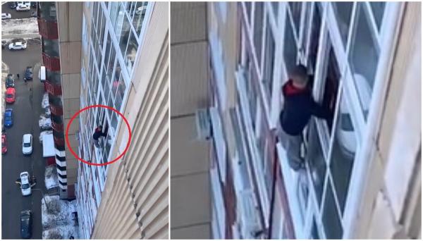 Momentul în care un "Romeo" încearcă să se împace cu iubita, atârnându-se în afara ferestrei, la etajul 12, într-un bloc din Moscova