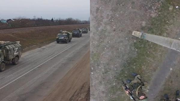 Un convoi de blindate ruse, filmat de camerele CCTV în Ucraina. Soldații urcă pe stâlpi și mută camerele. VIDEO