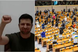 Zelenski, aclamat la scenă deschisă în Parlamentul European. Cu brațul ridicat, spune că Rusia "nu-i va îngenunchea"