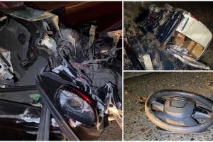 Motor zburat la zeci de metri distanță, după un accident cumplit pe autostrada Timișoara – Arad. Unul dintre șoferi a murit