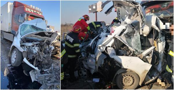 Accident înfiorător cu doi șoferi morți, pe A1 București-Pitești. Mașinile lor au fost strivite între două TIR-uri