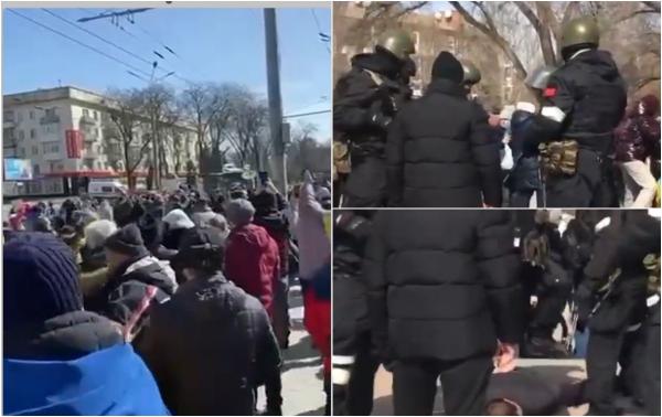 Proteste violente în mai multe oraşe asediate din Ucraina: Oamenii au fost reţinuţi şi bătuţi de forţele armate ruseşti