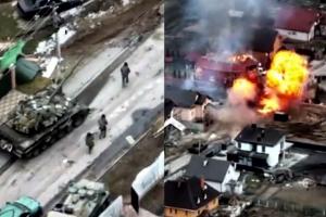 Tanc rusesc filmat din dronă în timp aruncă în aer un alt tanc rusesc. Soldații s-ar fi panicat în timpul unei ambuscade. VIDEO