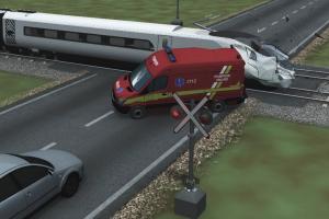 ANIMAŢIE GRAFICĂ. Ambulanţă, lovită de tren după ce şoferul ar fi fost orbit de farurile de pe contrasens. Pacienta la care trebuia să ajungă a murit