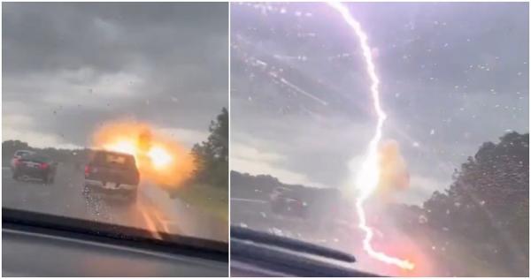 O șoferiță a filmat momentul în care un fulger lovește mașina din față, condusă de soțul ei. Imagini incredibile surprinse în Florida