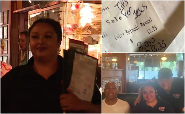 ''Bacșiș pentru Iisus.'' O chelneriţă a primit un ciubuc fabulos de 3.000 de dolari pentru o consumație de numai 13 dolari, în SUA