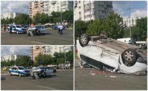 Maşină răsturnată pe un bulevard din Craiova. Accidentul s-a produs după ce o şoferiţă de 32 de ani nu a acordat prioritate