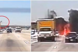 Avion în flăcări, după ce a aterizat forțat printre mașini, pe o autostradă din sudul Californiei. Momentul a fost filmat