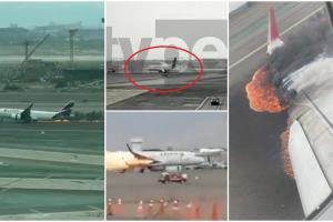 Momentul în care un avion ia foc după ce spulberă o mașină de pompieri, pe pista unui aeroport din Peru. Doi salvatori au murit