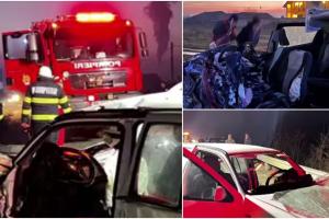 Accident grav pe o şosea din Gorj. Două mașini s-au făcut praf, după ce unul dintre șoferi a depășit neregulamentar și s-a izbit de un camion, pe contrasens
