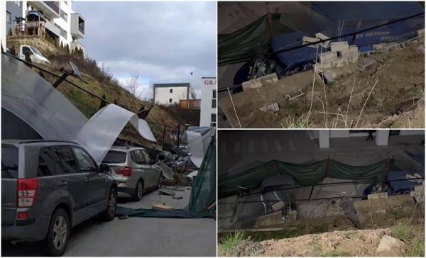 Şase maşini făcute praf, după ce un zid de sprijin de trei metri s-a prăbuşit, în Cluj-Napoca. Fusese ridicat recent