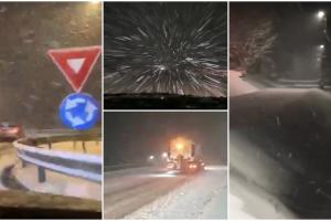 Drumuri închise de ninsori și viscol. Pe A1, șoferii n-au reușit să mai vadă sensurile de mers, pe Transalpina nu se mai poate circula între Rânca și Novaci