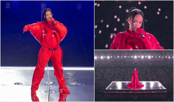 Super Bowl 2023. Rihanna a anunțat că este din nou însărcinată. Îmbrăcată cu o salopetă roșie, artista și-a dezvăluit burtica în direct