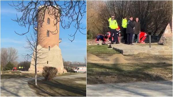 Imagini de coşmar pentru turiştii din Târgovişte: un bărbat a murit după ce a căzut din Turnul Chindiei