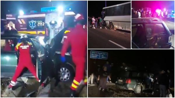 Autobuz plin cu muncitori, impact devastator pe un drum din Maramureș. O mașină a intrat pe contrasens
