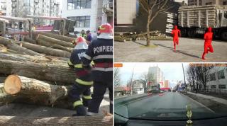 ANIMAȚIE: Cum s-a răsturnat o remorcă plină cu lemne peste mai multe femei, în Pașcani: "Ferească Dumnezeu!"