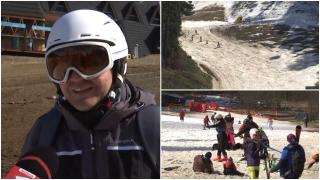 Reacţia unui turist străin venit la schi în Poiana Braşov. Spera la condiţii perfecte pe pârtie, a dat de noroi