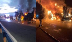 Incendiu puternic pe A3: Remorca unui TIR care transporta electrocasnice a fost cuprinsă de flăcări