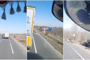 Tragedie cu doi morți pe un drum din Vrancea. Un TIR a ajuns pe câmp, după ce s-a ciocnit cu o mașină pe DN2, la Dumbrăveni