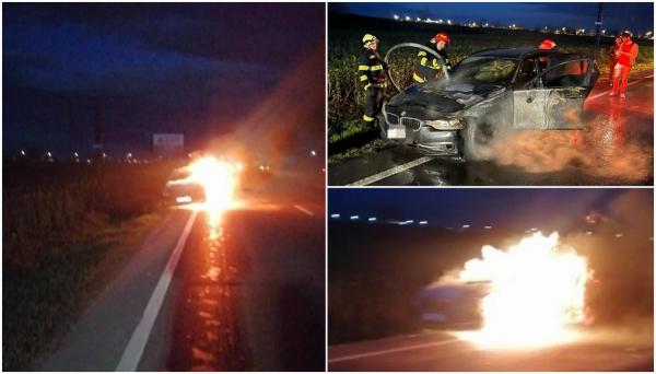 BMW în flăcări pe DN1. Mașina a luat foc în mers și a explodat pe marginea drumului, în zona Paralela 45