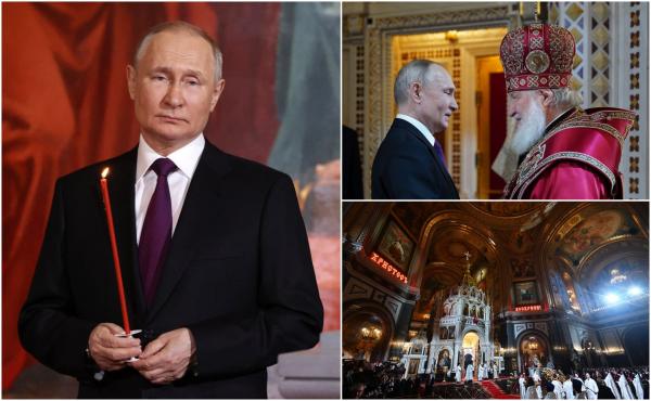Putin a participat la slujba de Înviere, la Moscova. Liderul rus și-a făcut cruce de mai multe ori şi a stat într-un colț, ținând în mână o lumânare