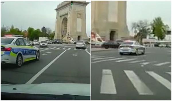 Momentul în care un BMW nou-nouţ al Poliţiei derapează la Arcul de Triumf, în timpul misiunii. Imaginile de infarct, filmate de o cameră de bord