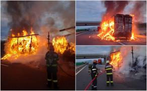Remorca unui TIR a ars ca o torţă pe autostrada A10 Sebeș-Turda. Încărcat cu materiale textile, camionul oprise pe banda de urgenţă