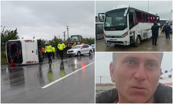"Ne-am răsturnat, şi de-acolo dezastru!" Autocar plin cu muncitori, răsturnat pe "Drumul Morţii" E85, în Buzău. Au intervenit zeci de ambulanțe