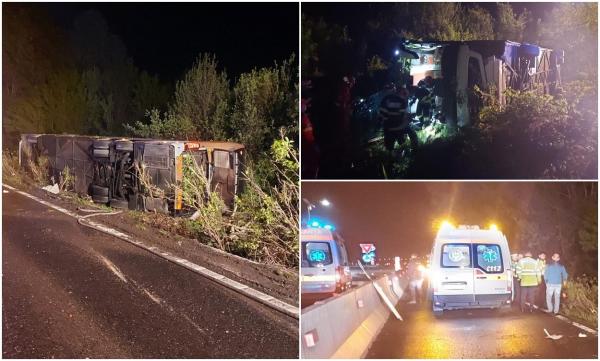 Autocar răsturnat azi noapte pe DN1, la Cornu. Șoferul a pierdut controlul direcției, izbind separatorii de sens
