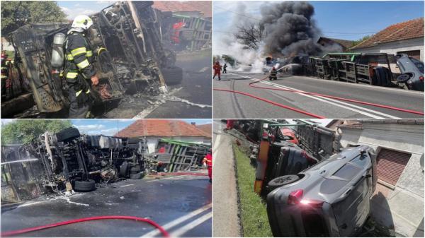 Un TIR care avea pe platformă 8 mașini noi s-a răsturnat într-un șanț din Hunedoara, apoi a luat foc. Toate autoturismele s-au făcut praf