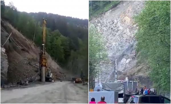''Dacă mai dă o rafală, e gata.'' O nouă bucată de munte a luat-o la vale pe DN 17 B, în Suceava. Muncitorii tocmai lucrau la consolidarea versantului