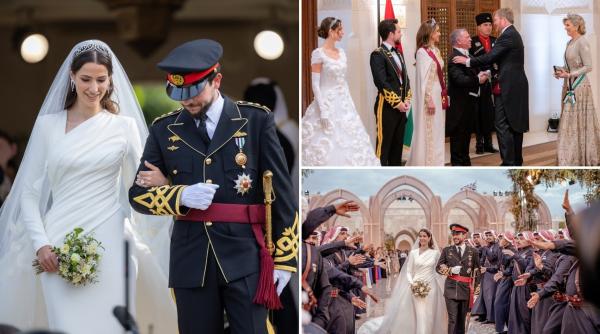 Nuntă ca-n basme în Iordania: Rochia răvășitoare purtată de Prințesa Rajwa, lucrată manual și brodată cu flori