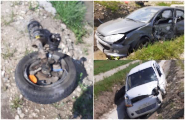 Accident în lanț pe un drum din Sibiu, după ce roata unui microbuz plin cu pasageri s-a desprins în mers. Două șoferițe au ajuns la spital