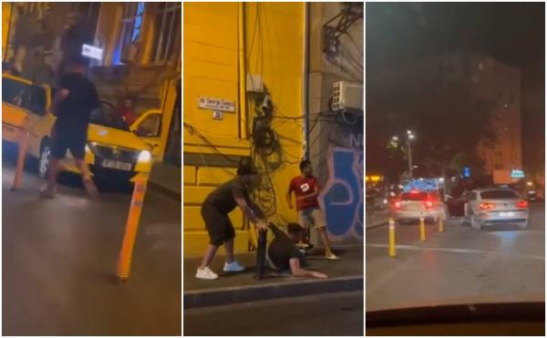 Bătaie în trafic, filmată seara trecută, în centrul Capitalei. Mai mulți tineri, inclusiv un taximetrist, și-au împărțit pumni și picioare în mijlocul străzii