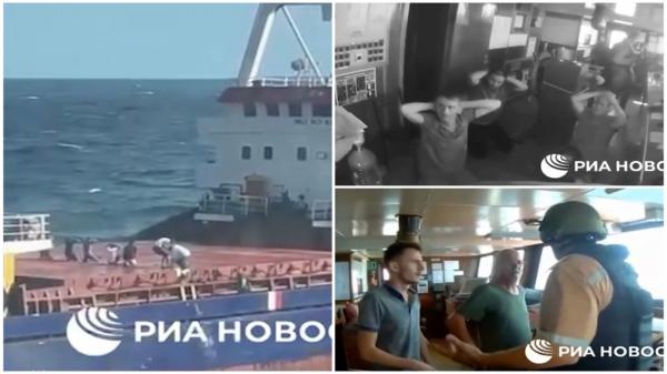 Momentul în care ruşii coboară la bordul navei civile, oprită ilegal cu focuri în Marea Neagră, şi o inspectează. Imaginile publicate de armata rusă