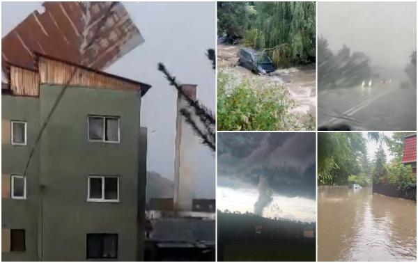Vremea severă a dezlănțuit potopul în aproape toată țară: Mașini luate de apă, case inundate, acoperișuri rupte și șoșele transformate în râu
