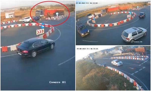 Momentul în care un șofer adormit la volan face prăpăd cu TIR-ul, într-un giratoriu din Lețcani, a fost filmat